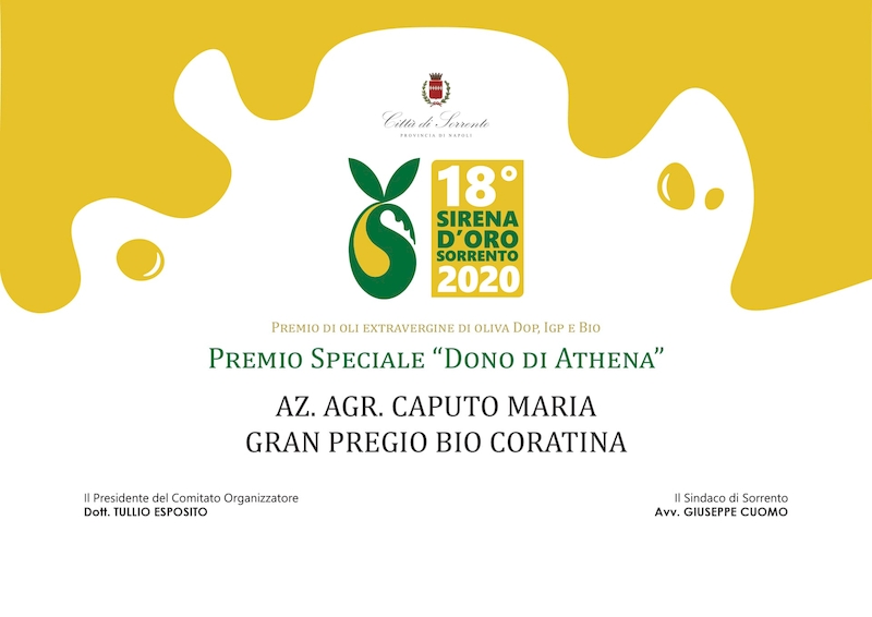 Premio di oli extravergini di oliva DOP, IGP e Bio. Premi speciale "Dono di Athena" 2020 - azienda vincitrice